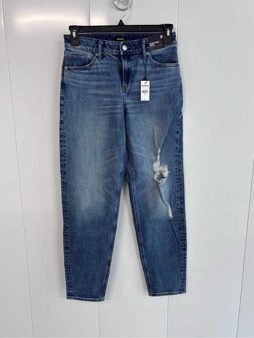 Express Womens 2R Jeans Relaxed Tapered Mid Rise Distressed Blue Denim NWT